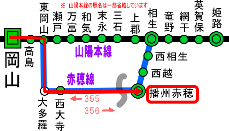 時刻表路線図・山陽本線と赤穂線。駅は一部省略しています